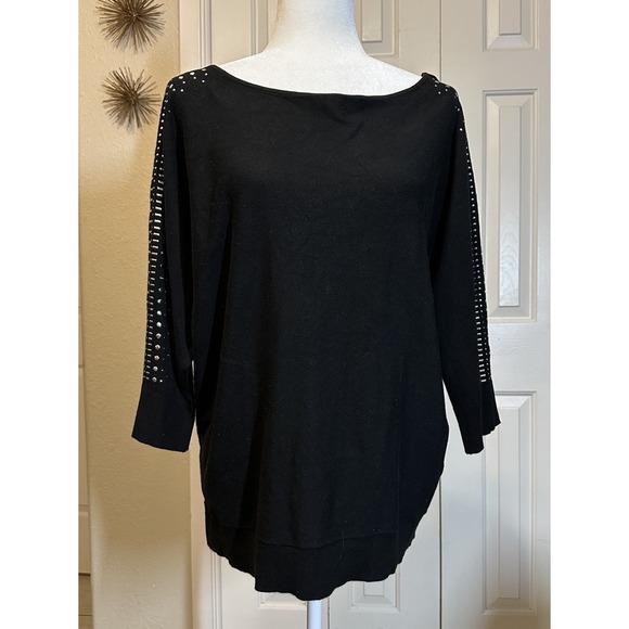 New York & Company Black Boat Neck Embellished Sleeve Sweater Large Dropped Wais - Picture 1 of 11